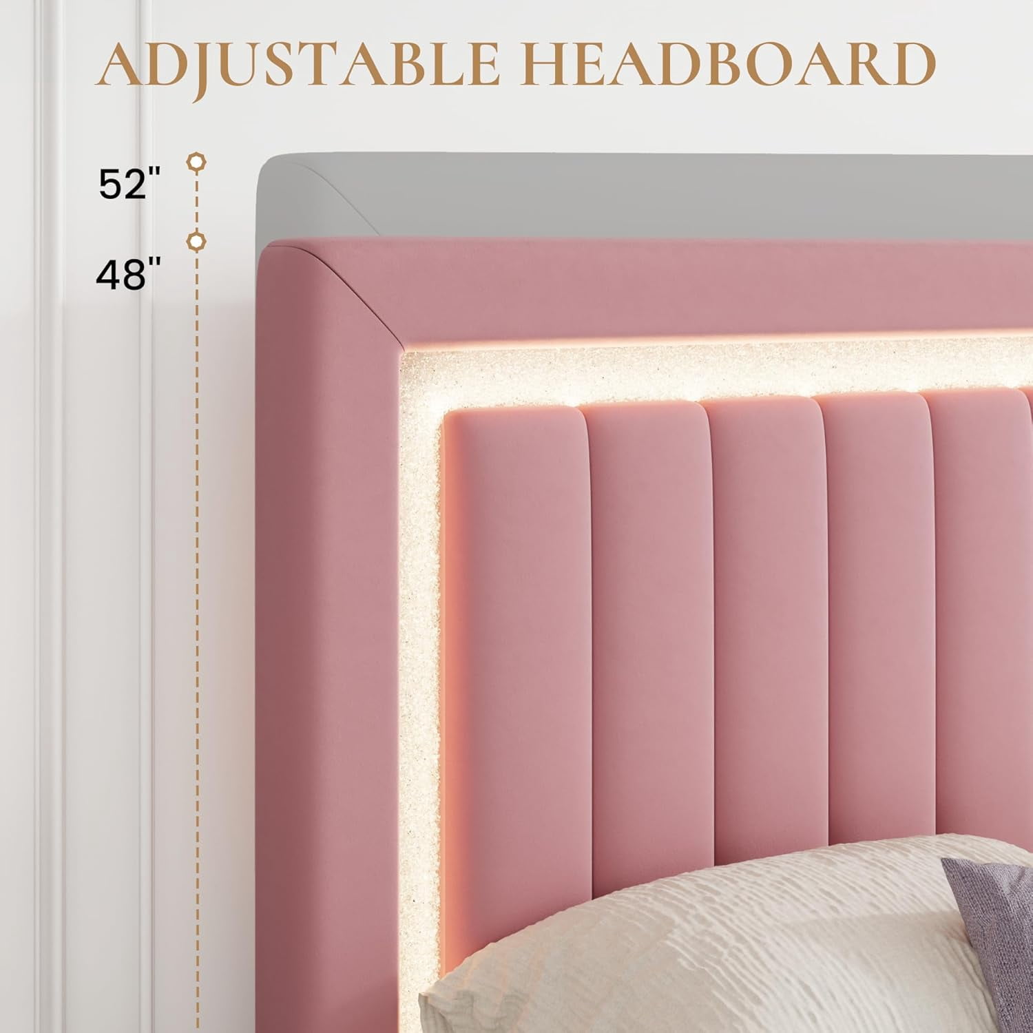 SHA CERLIN Queen Size Velvet Bed Frame with LED Light, Adjustable Vertical Channel Tufted Headboard, Strong Wooden Slats Support, Noise-Free, No Box Spring Needed, Pink