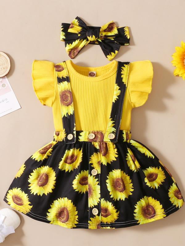Infant Baby Girls Sunflower Clothe Ruffled Letter Top Skirt Headband Outfits