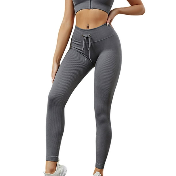 yingyy Women Ribbed Leggings Hip Lift Push Up Seamless Pants Drawstring  Jogging Yoga Trousers Sweat-absorbent Tights Running Gray