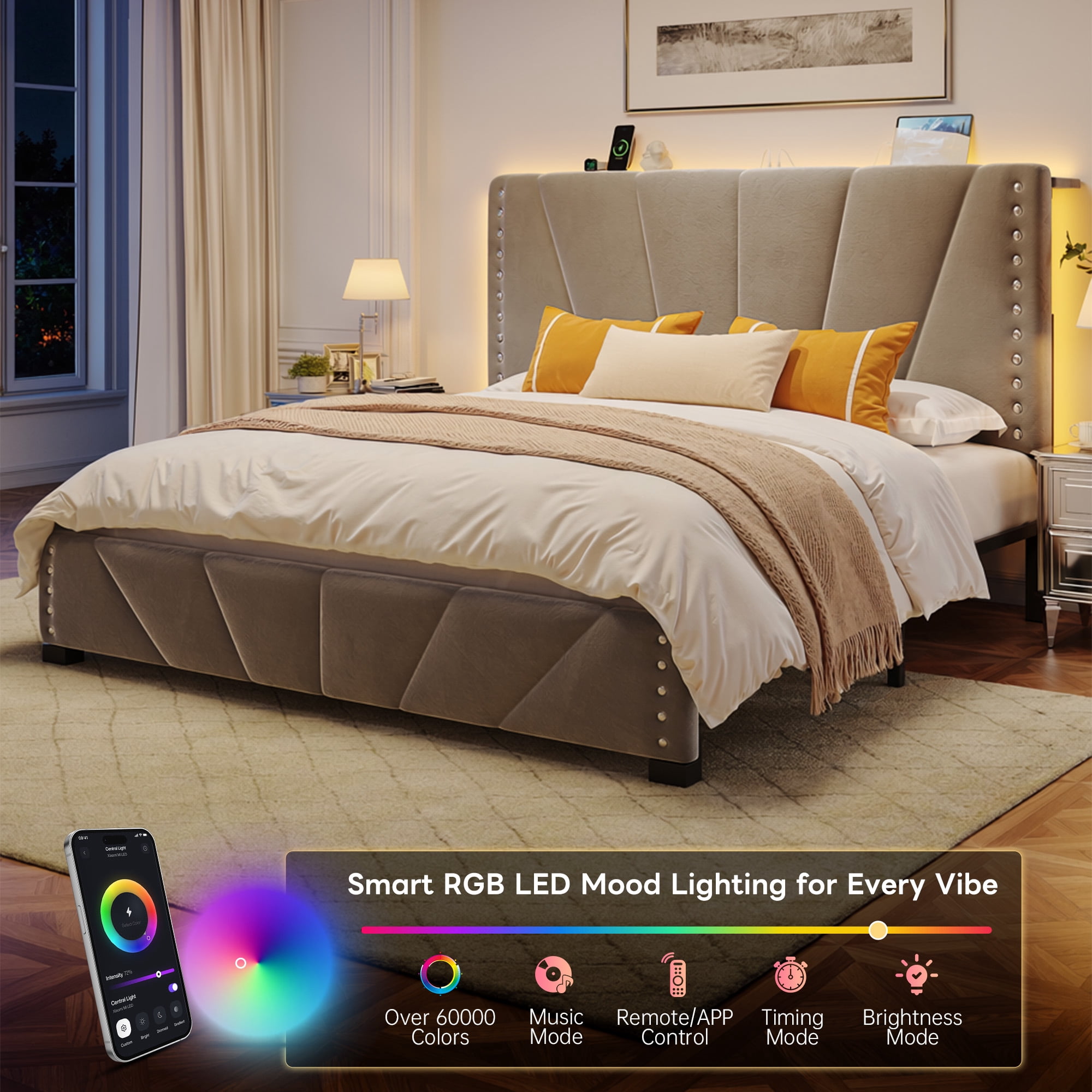 EnHomee Queen Bed Frame with Adjustable Headboard Upholstered Platform Bed Frame with LED Lights & Charge Station ,Gray