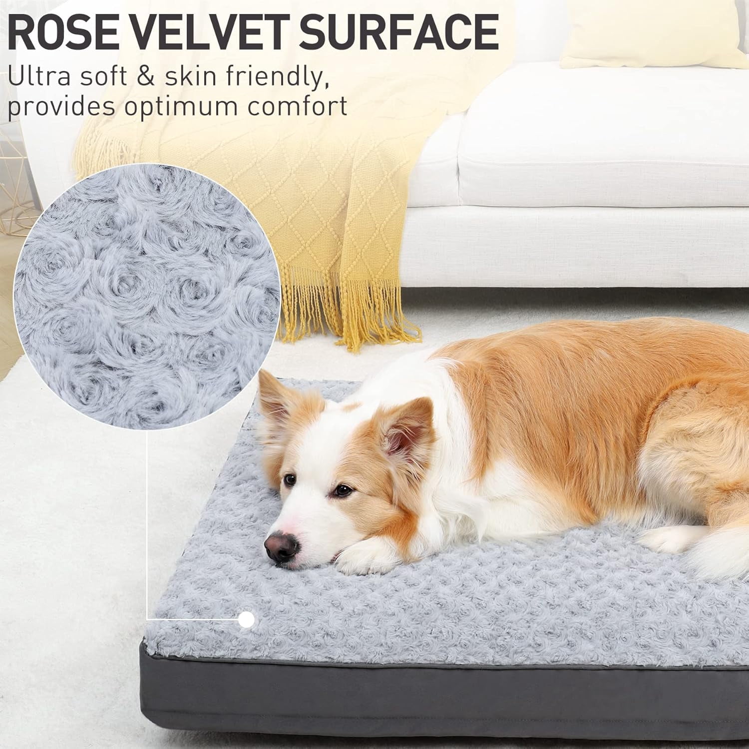 Dog Crate Bed Waterproof for Large Dogs - Rose Velvet Soft Fluffy Washable With Removable Cover & Anti-Slip Bottom, 35 x 22 Inch, Light Gray