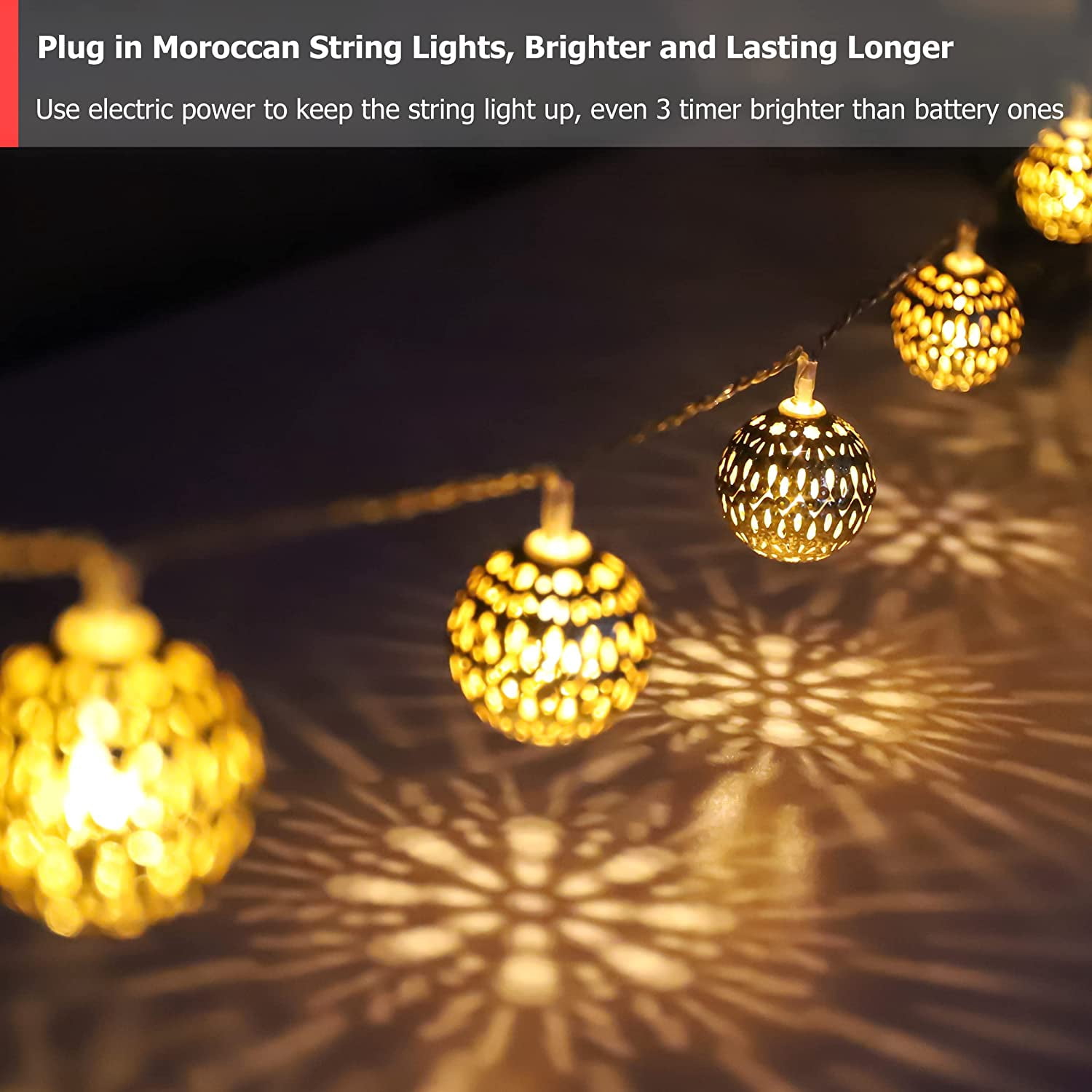 Moroccan String Lights Gold Plug in 20 LED Globe String Lights for Wedding Party, Home Decor, Classroom, Birthday, Christmas, Indoor Outdoor, Metal Orbs, 8 Functions, Timer, Connectable, 10 ft