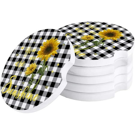 

ZHANZZK Summer Sunshine Sunflower and Bee Black White Plaid Set of 4 Car Coaster for Drinks Absorbent Ceramic Stone Coasters Cup Mat with Cork Base for Home Kitchen Room Coffee Table Bar Decor