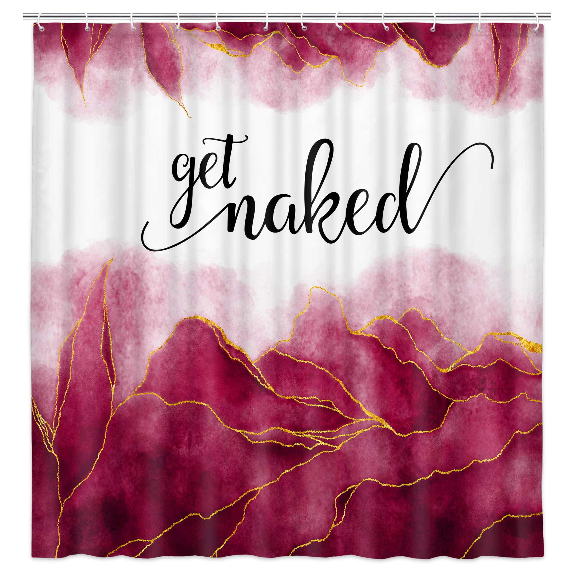 Get Naked Burgundy Shower Curtain, Golden Burgundy Marble Texture Shower Curtain Sets, Abstract Watercolor Modern Bathroom Curtain with Hooks Waterproof Fabric Decor, 70X70IN