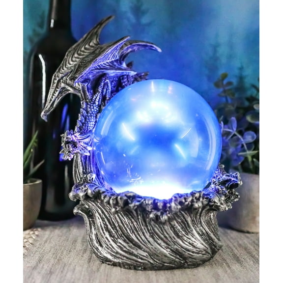 Silver Ocean Dragon Riding Tidal Sea Waves With Colorful LED Sphere Orb Figurine