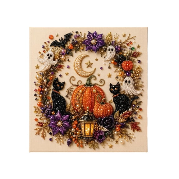 Vintage Halloween Pearl Art Kits for Adults, Full Rhinestone Pearl Painting DIY Craft Set for Home Decor, Creative Beaded Wall Art Decor Kitwith Ghost Pumpkin Black Cat Theme