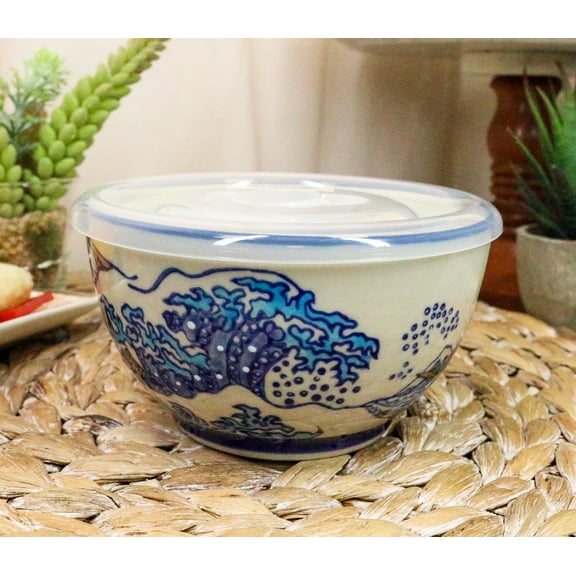 Ebros Set of 2 Ceramic Hokusai Great Wave Portion Meal Bowls 2 Cups W/ Lid