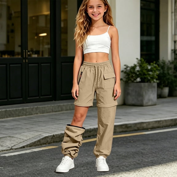 YWIYIUD Hiking Pants Girls Casual Clothes Zip Off Lightweight Quick Drying Pants Kids High Waistes Camping Outdoor Trousers Outdoor Camping Sweatpants with Pockets Khaki 9-10 Years