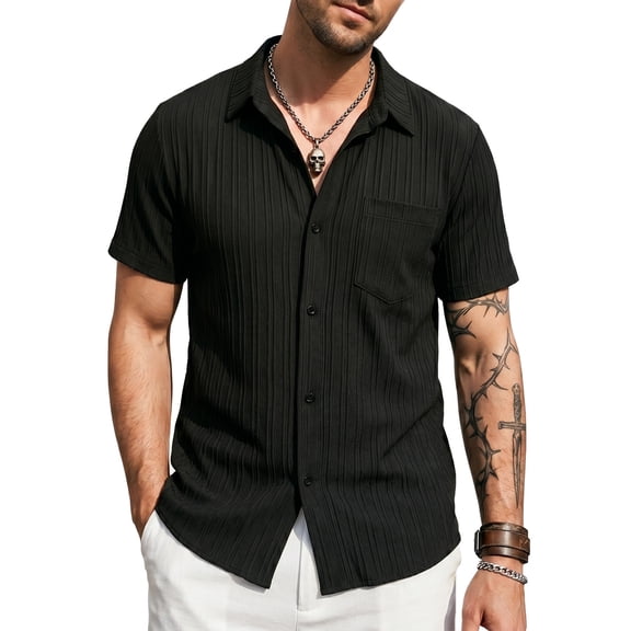 Men's Short Sleeve Button Down Shirt, Vertical Textured Stripe Casual Summer Beach Shirt, Lightweight Breathable Fashion Top with Front Pocket Black M