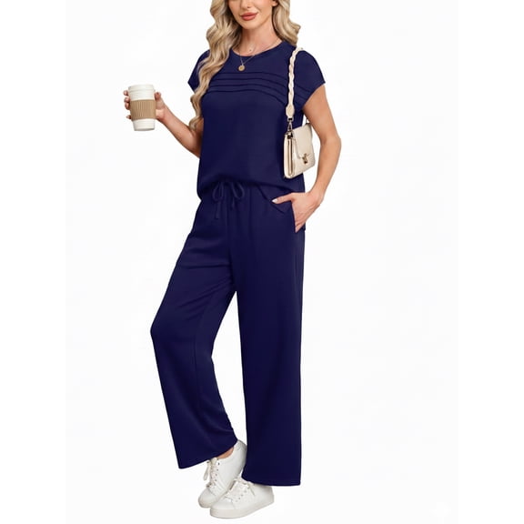 MINTREUS Two Piece Lounge Sets for Women Fall Short Sleeve Travel Vacation Outfits Set with Pocket and Wide Leg Pants