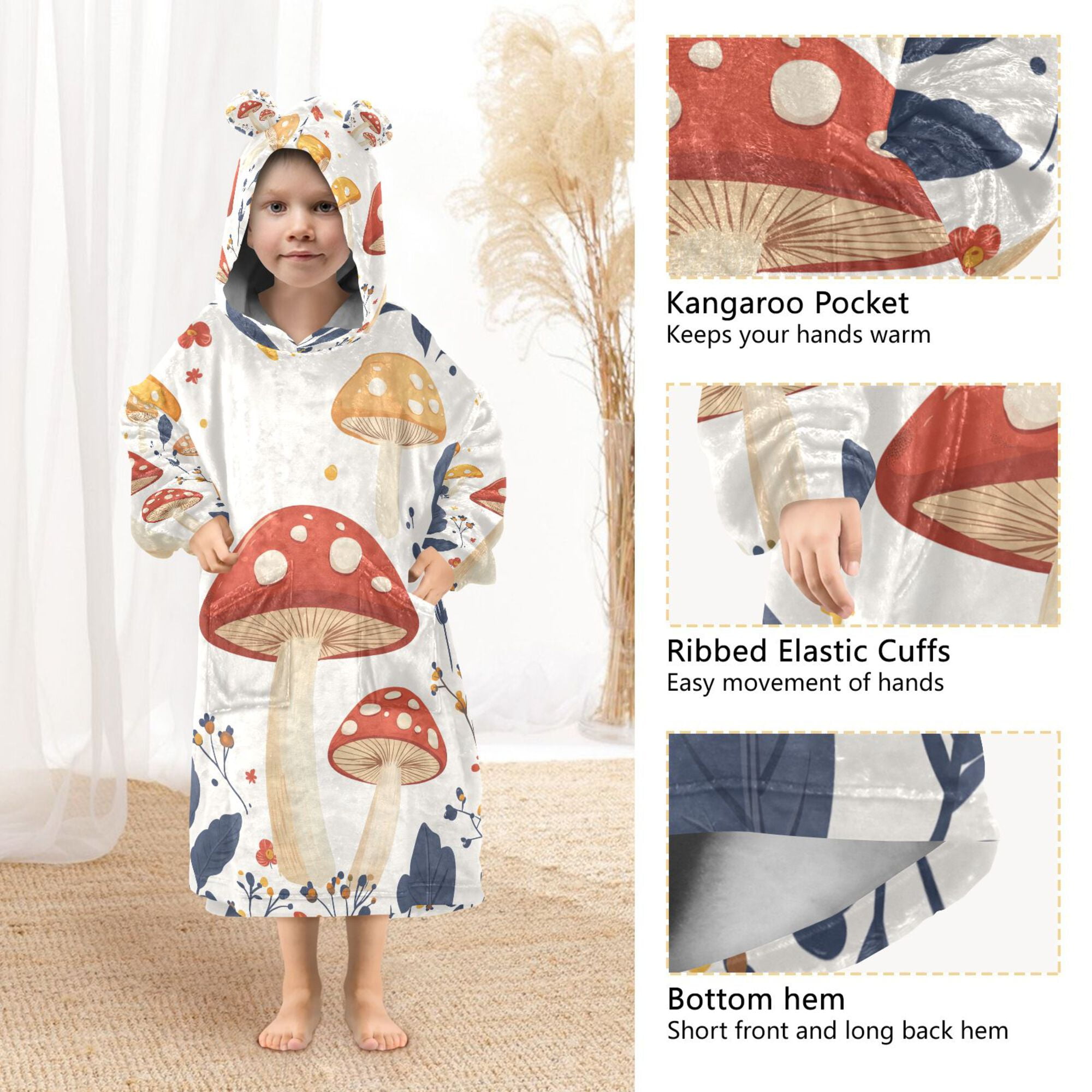 FORMRS Wearable Blanket Hoodie with Sleeves for Kids Cozy Flannel Sweatshirt, White Mushroom