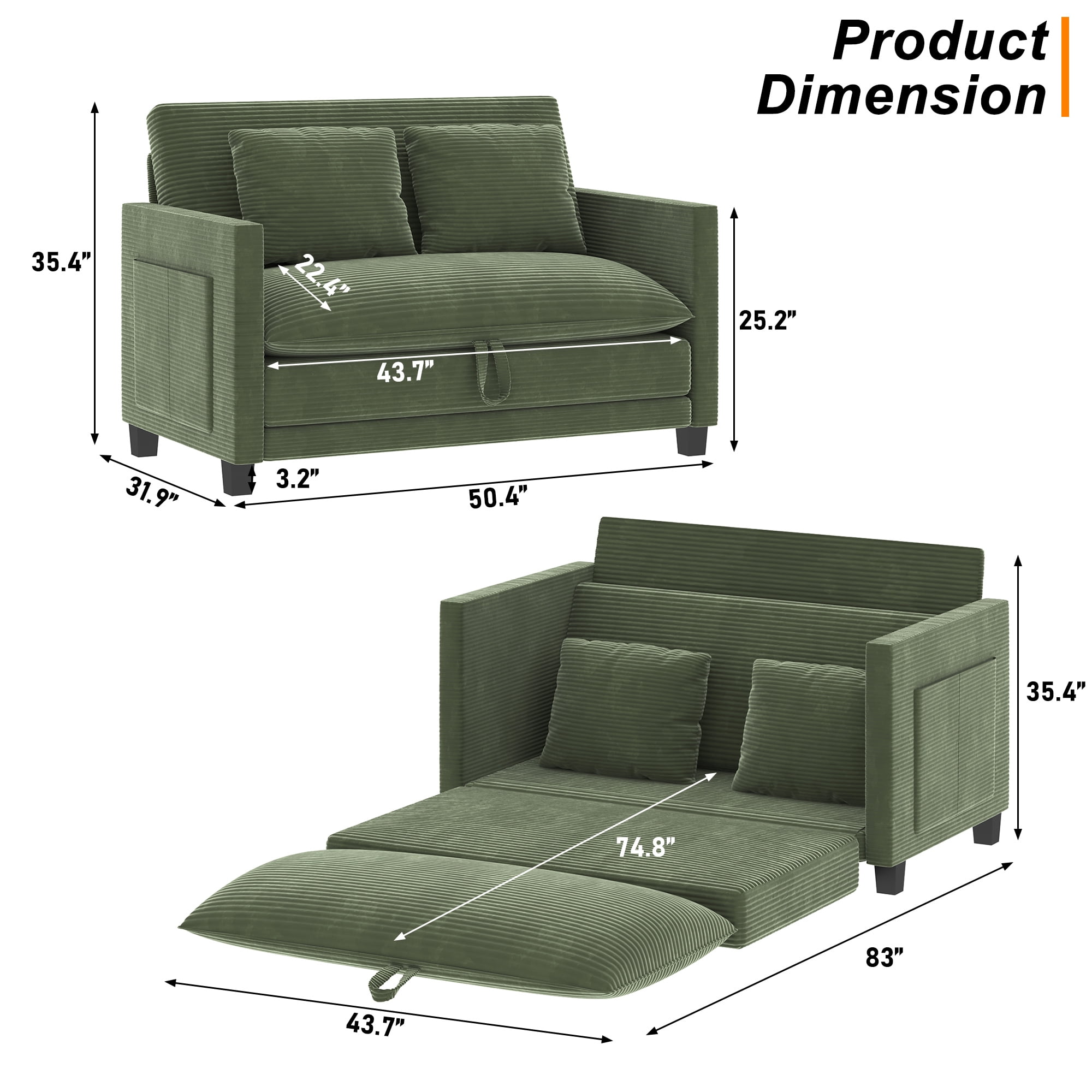 ANPOO 51 Inch Convertible Sofa Bed, 2-in-1 Folding Loveseat with Storage Pockets, 2 Pillows & Removable Cover, Modern Corduroy Sleeper Sofa for Small Spaces, Apartment and Living Room