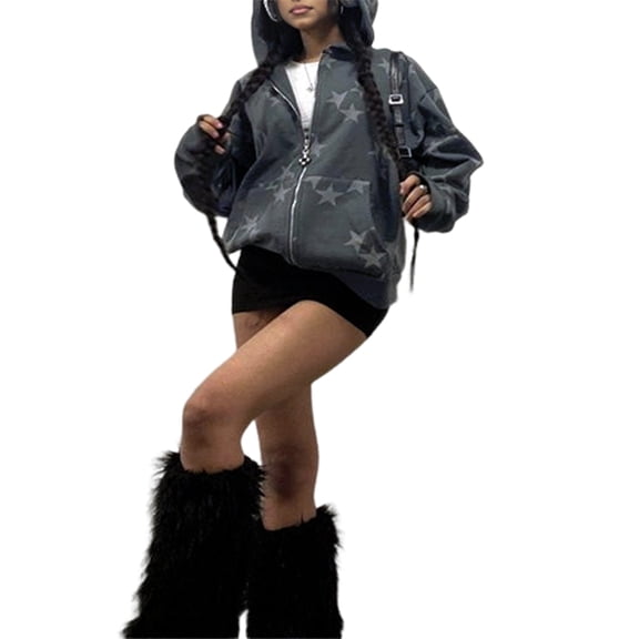 Zip Up Star Print Hoodies for Women Cropped Sweatshirts Fall Fashion Outfits Y2k Fleece Couples Clothes Grey XL