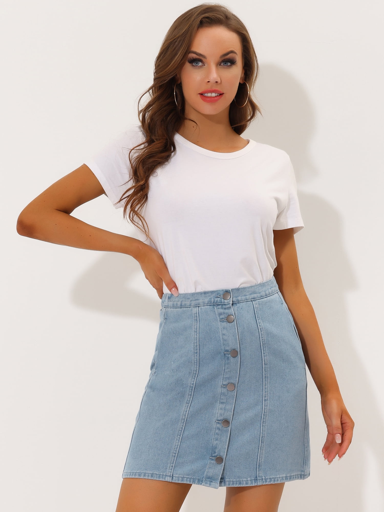 DARING DIVA Women's A-line Button Front Denim Short Skirt L Light Blue Grey