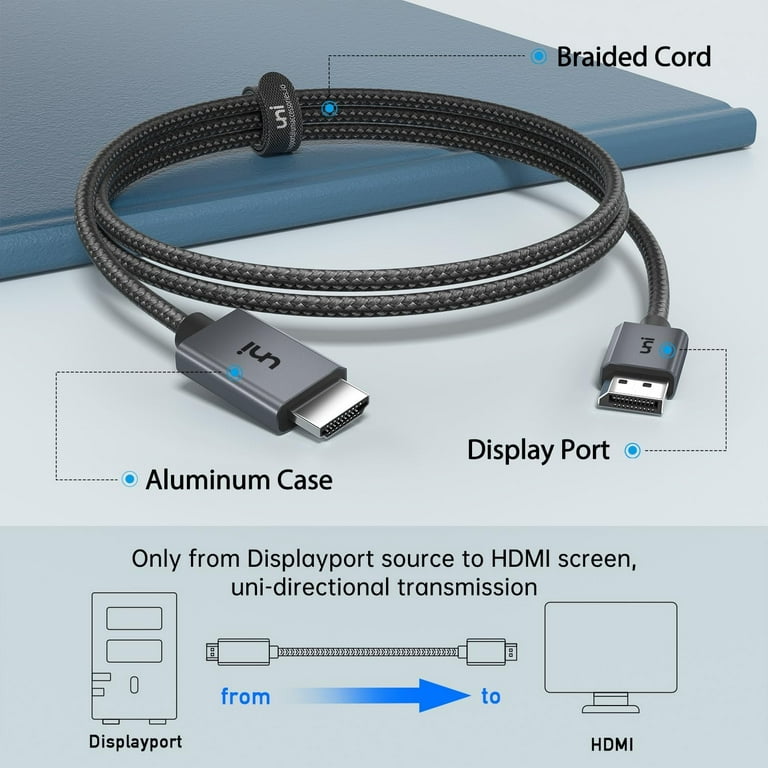 4K DisplayPort to HDMI Cable 6.6ft [1440P@60Hz, 1080P@120Hz], Sturdy  Braided DP to HDMI Cord for Monitor, 