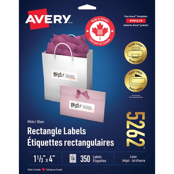 Avery White Rectangle Labels with Easy Peel for Laser/Inkjet Printers, 1-1/3" x 4", 350 Labels, Permanent (5262) Made in Canada