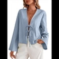 thumbnail image 3 of Camisa Y2K para Mujer, Blusa con Mangas Acampanadas y Cuello en V, Estilo Casual. Azul XL, 3 of 7