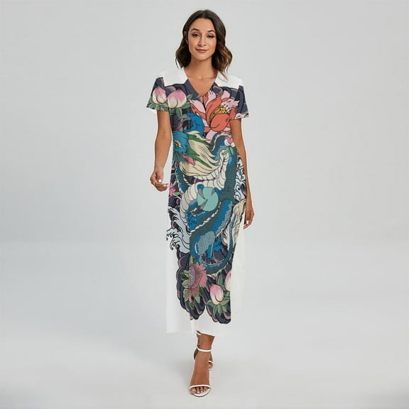 Blue Japanese Dragon Tattoo Printed Short Sleeve Maxi Dress, Dragons Fashion Summer Maxi Dress For Women