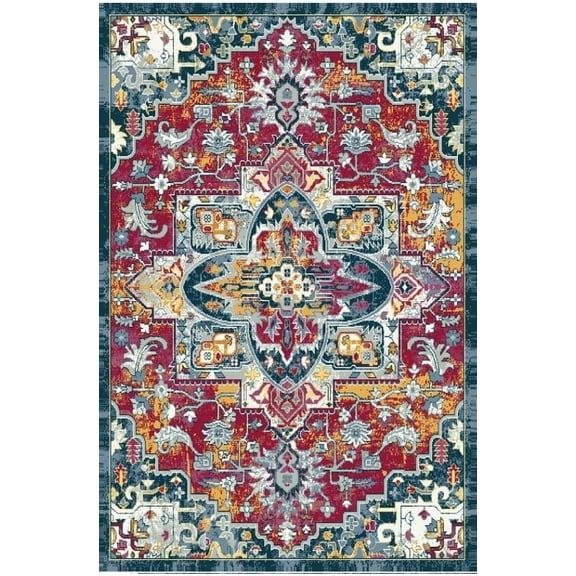 Ottomanson Non-Slip Area Rug for Living Room 3'3" x 5' Durable Low Profile Carpet, Red/Blue Oriental