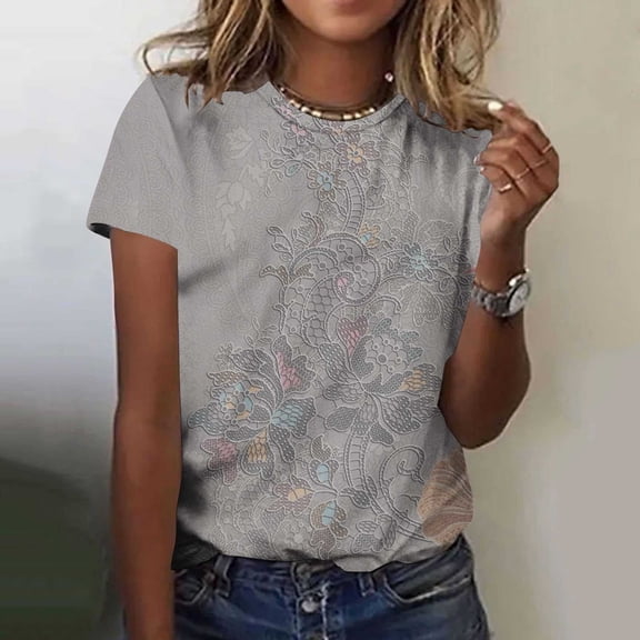 ATENAR T Shirts for Women Printed Shirts Crew Neck Short Sleeve Tops Coffee 4XL