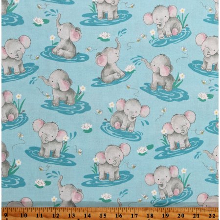 Cotton Little Darlings Elephants Babies Baby Animals Water Flowers Splash Bees Blue Cotton Fabric Print by the Yard (FLLD-D187-B)