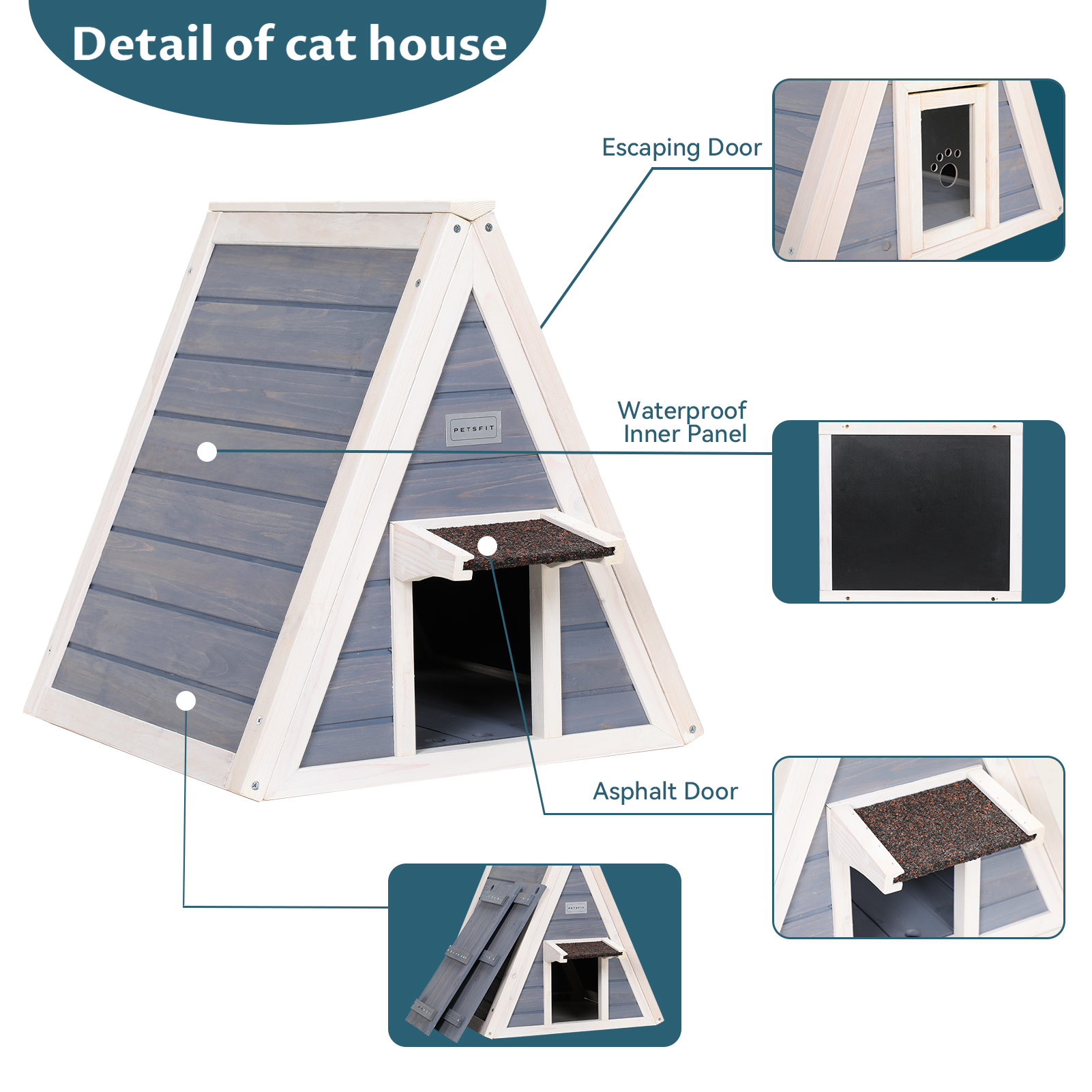 Petsfit Outdoor Cat House Weatherproof, Outside Feral Cat House with Escape Door,Outdoor Indoor Pet House for Small Animal,Solid
