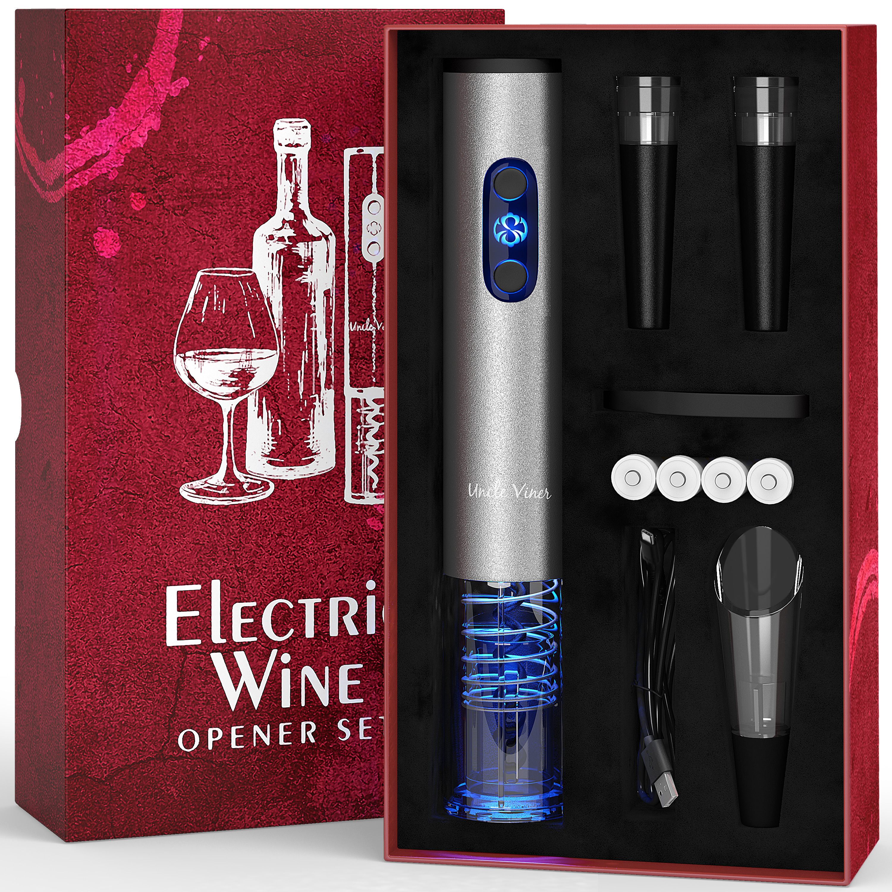 Electric Wine Opener Set Uncle Viner with Charger & Batteries Gift