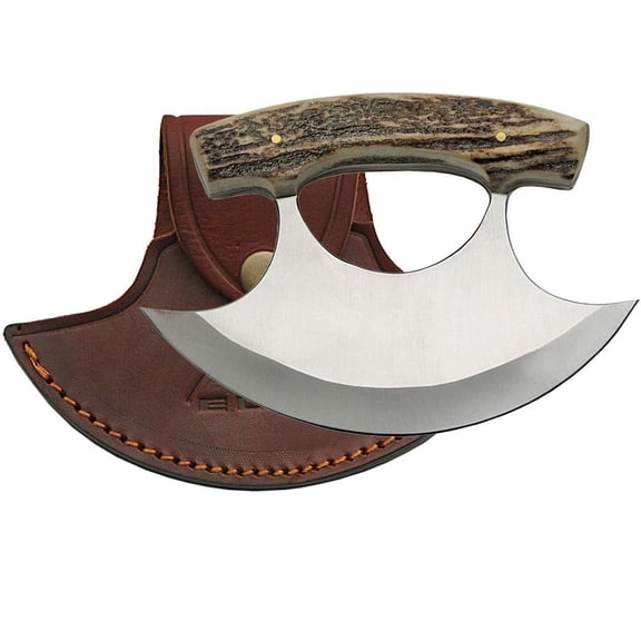 SZCO 5.5" Ulu Knife with Stag Handle and Stainless Steel Blade, Includes Leather Sheath Multi-Purpose Outdoor & Kitchen Tool