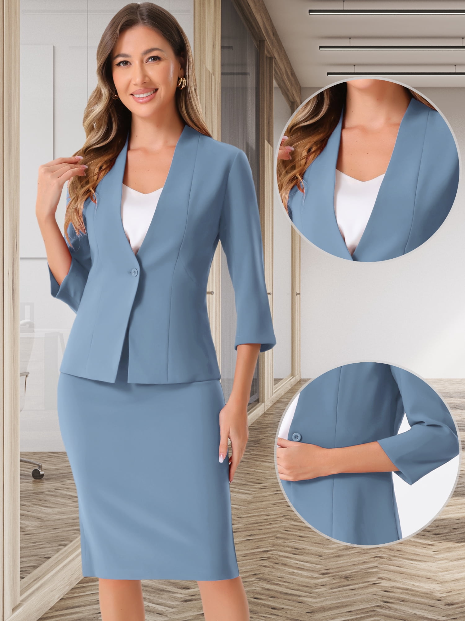 DARING DIVA 2Pcs Women's Office Work Outfit Business Skirt Suit Set L Grey Blue