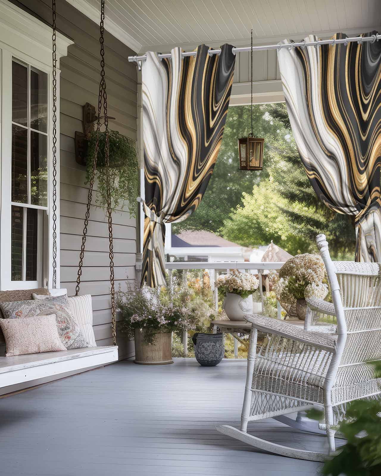 Black Golden Marble Outdoor Curtains for Patio, Gray White Ombre Abstract Texture Privacy Drapes Grommet Waterproof Outside Curtains for Porch/Cabana/Balcony 54"x 95", 2 Panel