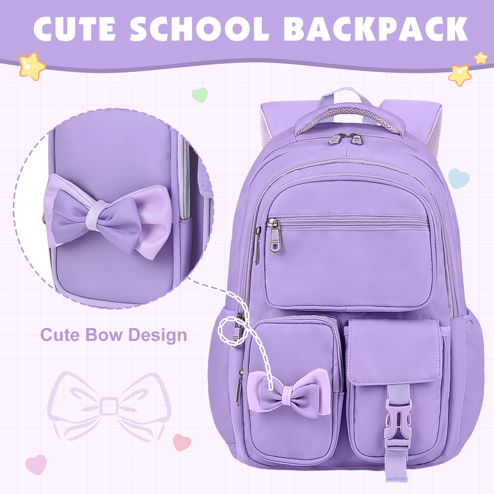 DAKIMOE Kids School Backpack with Bow, Purple photo 5