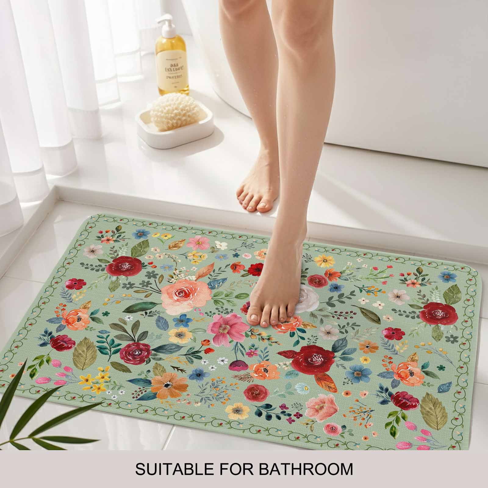 Sage Green Floral Doormat Outdoor Entrance 18"x30", Spring Flowers Leaves Farmhouse Absorb Moisture Dirt Door Mats, Non-Slip Rubber Backing Floor Mats Indoor, Low-Profile Front Door Rugs