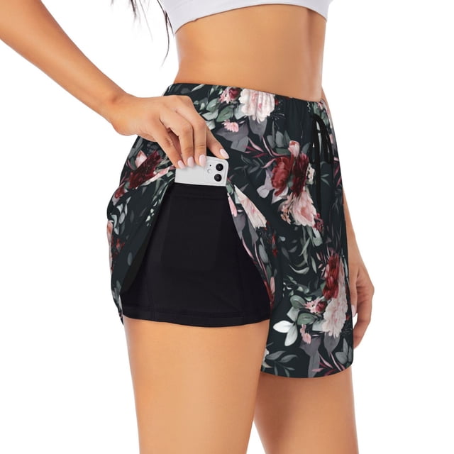 Balery Watercolor Floral Pantalones cortos deportivos para mujer con forro y dos bolsillos, elásticos, para entrenamiento, gimnasio, yoga-Small