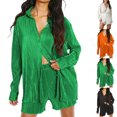 thumbnail image 4 of Conjunto De Señoras Plisadas Cuello En V Manga Larga Color Puro Pantalones De Pierna Ancha 2 Piezas Ropa De Mujer Verde L, 4 of 6