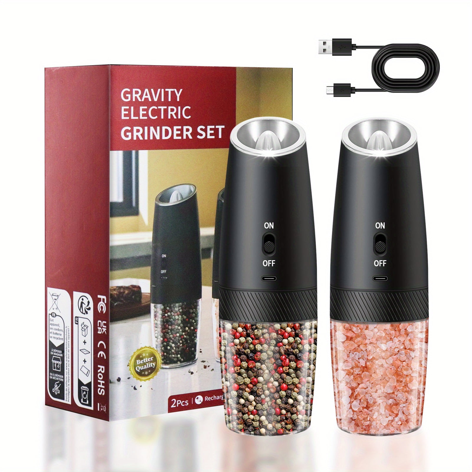 Gravity Electric Salt and Pepper Grinder Set, Adjustable Coarseness, No Batteries Needed, LED Light, One-Hand Automatic Operation, Black - Perfect Holiday Gift for Christmas.