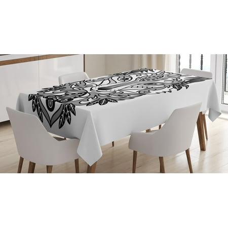 Fox Tablecloth, Ornamental Fox Face with Tree Leaves Oval Shapes Dots Floral Curves Art Print, Rectangular Table Cover for Dining Room Kitchen, 52 X 70 Inches, Grey Black White, by