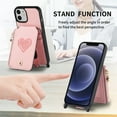 thumbnail image 5 of Compatible with iPhone 12 Pro / 12 Case Wallet, with Credit Card Holder Zipper Pocket Crossbody Strap Heart Pattern PU Leather Magnetic Clasp Kickstand Heavy Duty Protective Flip Cover, Pink, 5 of 12