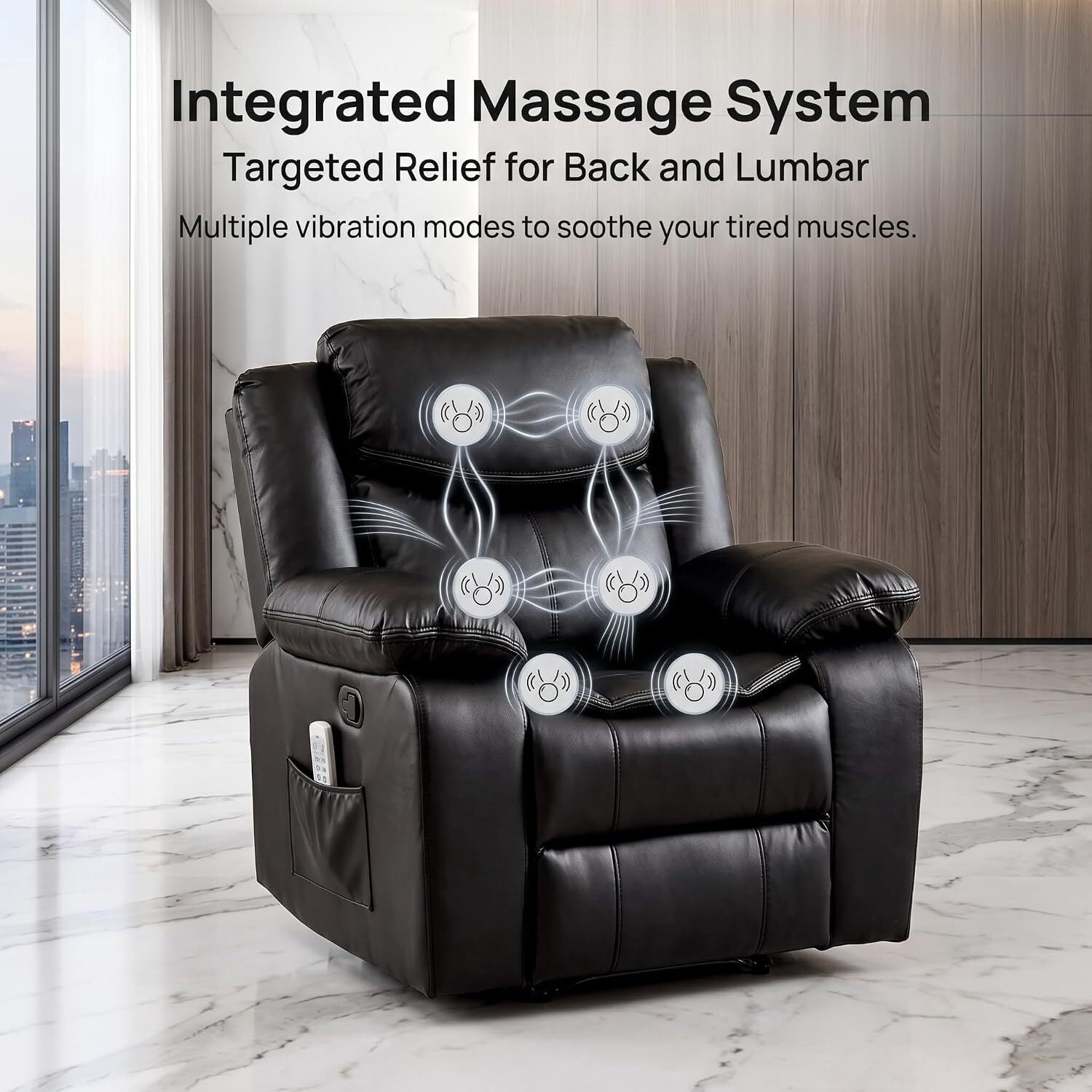 Recliner Chair,Oversized PU Leather Lounge Sofa 90°-160° Recline with 8 Vibration Massage Lumbar Heat Support 30D High Density Foam Side Storage Quick Assembly,Black