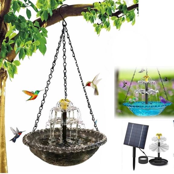 Solar Cascade Hanging Bird Bath Fountain with Solar Pump Outdoor Hanging Bird Bath with Glass Bowl Hanging Hummingbird Bird Bath Fountain for Garden Patio Yard Balcony Wild Birds
