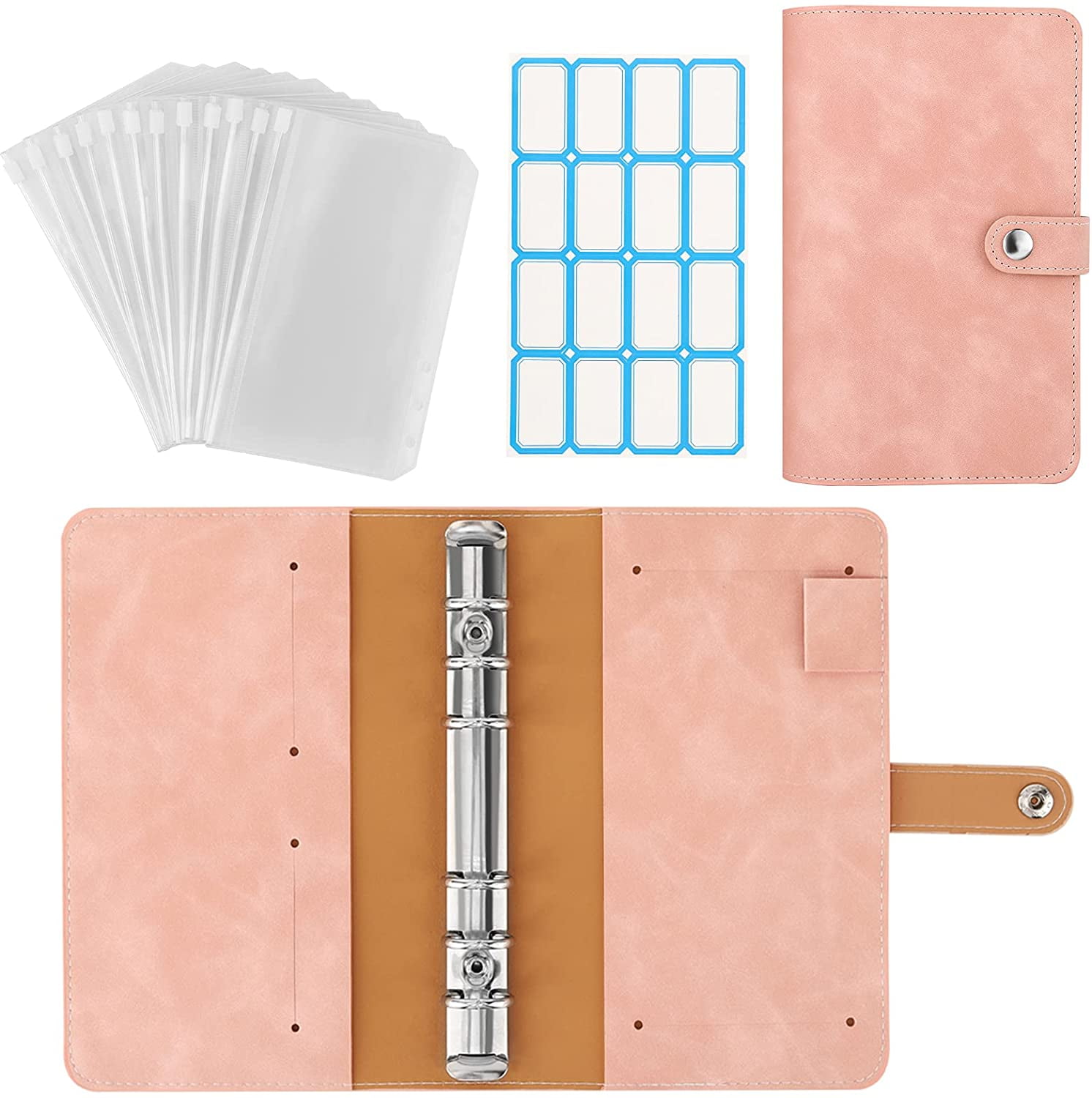 Light Brown Antner 12pcs A6 Clear Binder Pockets with PU Leather Notebook Binder Cover Waterproof Loose Leaf Bags Cash Budget Envelopes System 