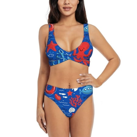 Zeuib Nautical Animals High Waisted Tummy Control Bikini Set - Knot Front Push Up Top & Cheeky Thong Bottom  Two-Piece Swimsuit for Women-Medium