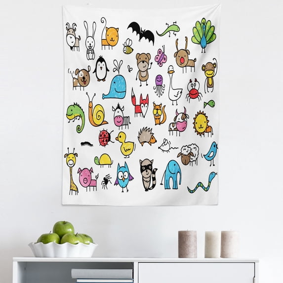 Cartoon Tapestry, Arrangement Style Animals Drawn in Friendly Manner Fun, Fabric Wall Hanging Decor for Bedroom Living Room Dorm, 5 Sizes, Multicolor, by Ambesonne