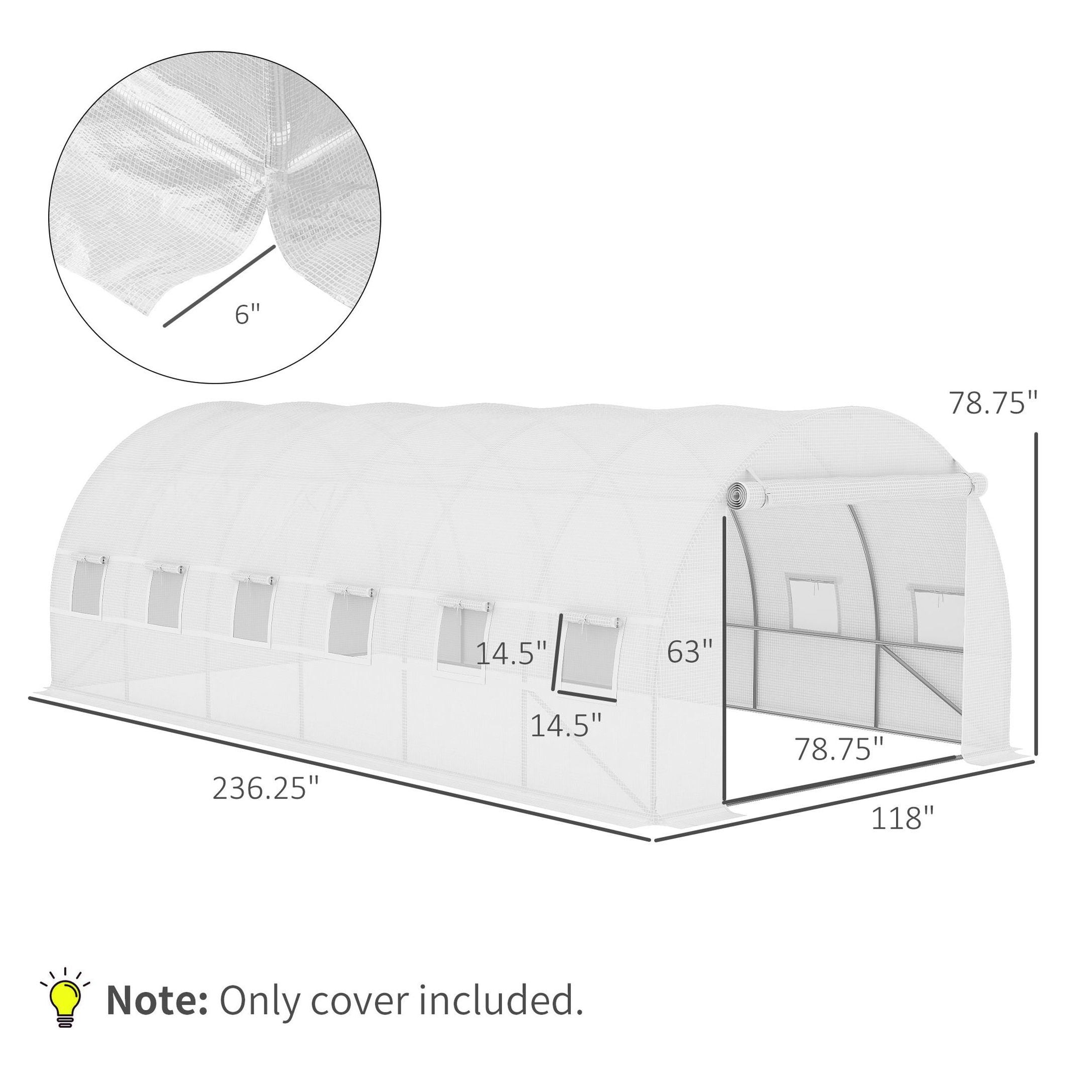 Greenhouse Replacement Cover 20'x10'x7' - Walk-in PE Hot House Cover with 12 Windows & Zipper Door - White - Garden Greenhouse Cover