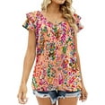 Mengpipi Womens Tops Summer Double Ruffle Short Sleeve VNeck Casual Blouses, Colorful LeavesL