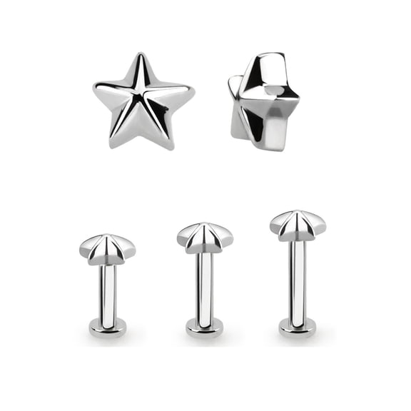 iJewelry2 3Pcs Set Silver Tone Stainless Steel Screw Tragus Labret Posts Piercing with Star Shaped Tops