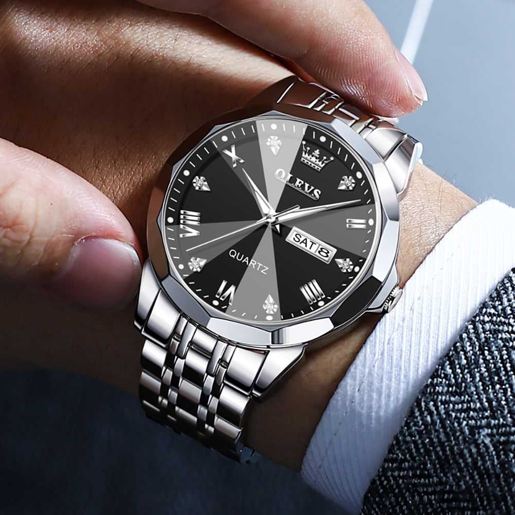 OLEVS Watches for men Diamond Business Dress Luxury Casual Analog Quartz Stainless Steel Waterproof Luminous Date Men Wrist Watches reloj para hombre Black Dial