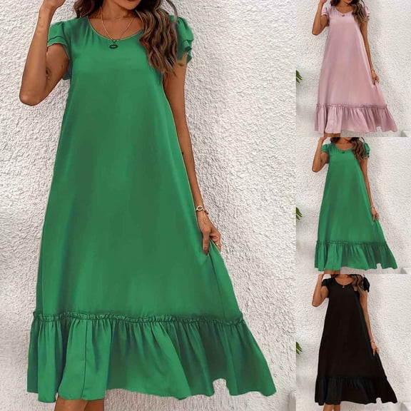 YuXingFu Semi formal Dresses for Women Maxi Crew Neck Plus Size Womens Dress Short Sleeve Solid Color Long Casual Summer Black S
