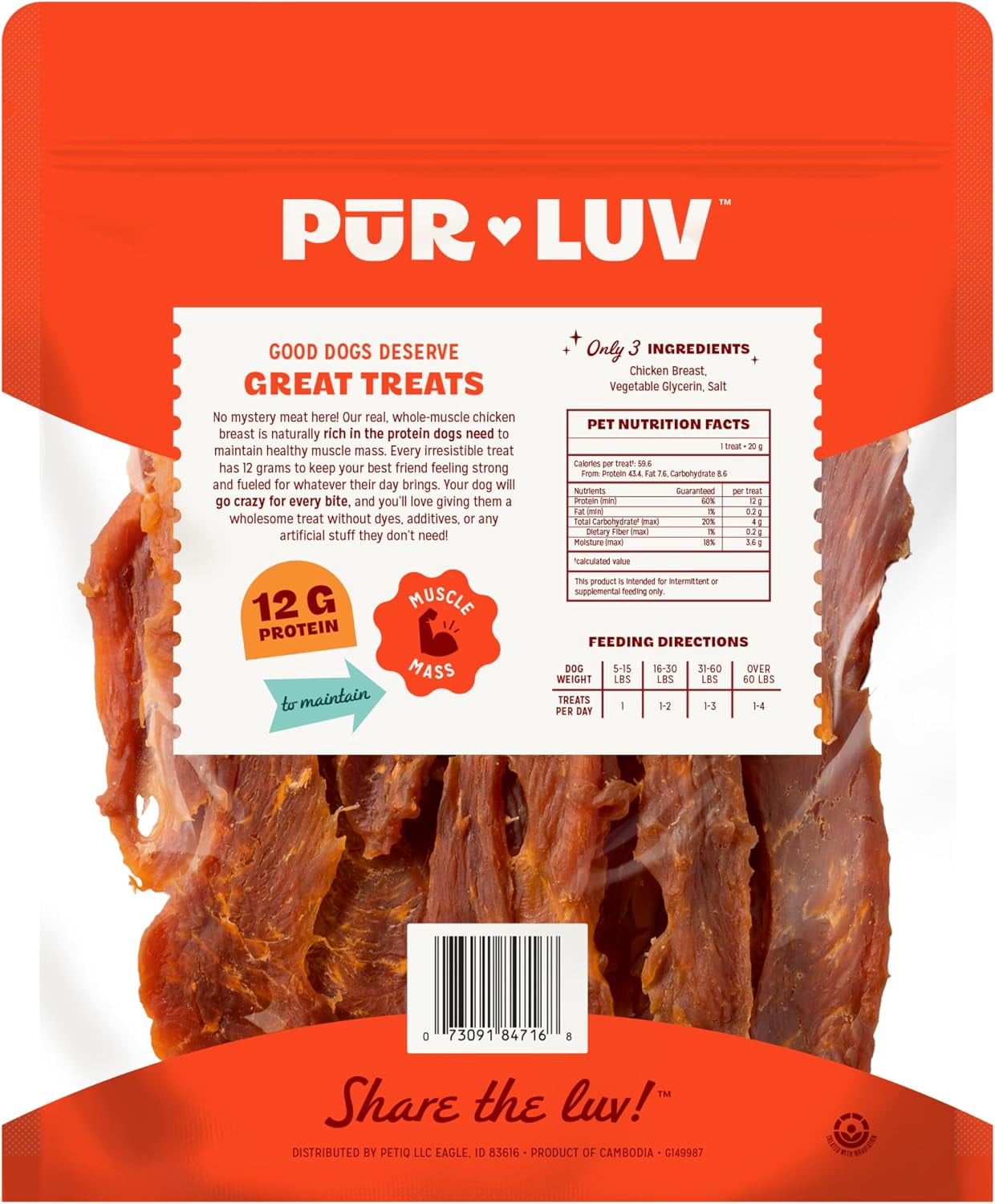 (2 pack) Pur Luv Chicken Jerky Dog Treats for Dogs, Rawhide-Free, Made with Real Chicken Breast, Healthy, Long-lasting and Great Tasting Treat, No Artificial Flavors, Satisfies Dog's Urge to Chew, 16 oz
