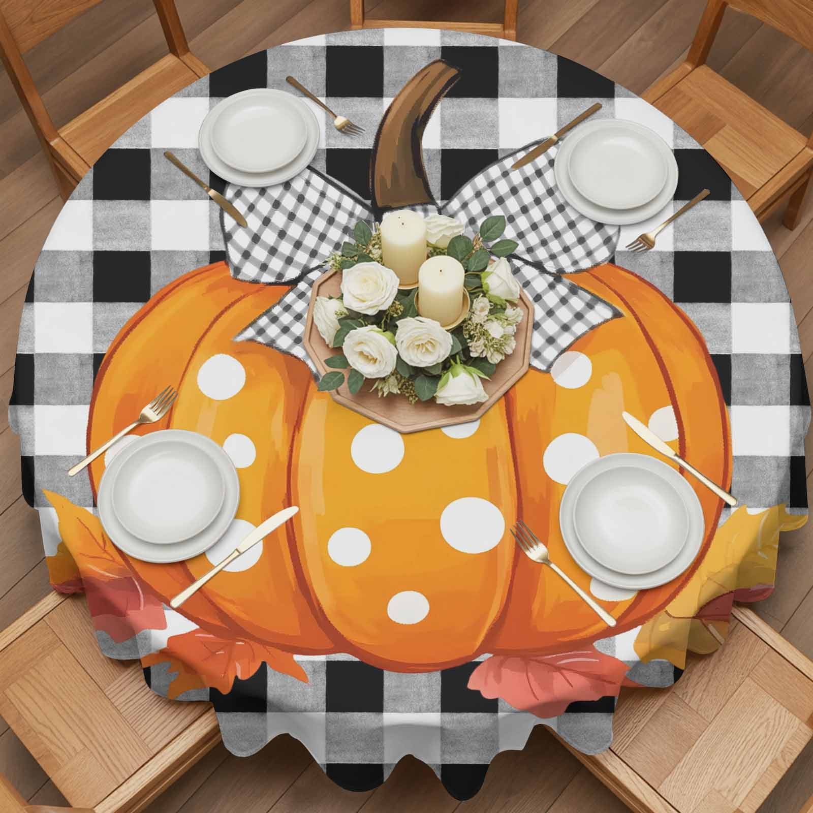 Round Tablecloth Fall Thanksgiving Waterproof Oil Proof Polyester Table Cloth Cover Decor for Home Dining Outdoor,Patio,Parties, 54" Dia. Farmhouse Pumpkins Black Whtie Plaid