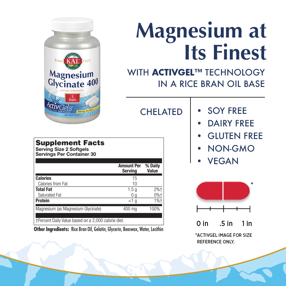 KAL Magnesium Glycinate 400 ActivGels | For Relaxation and Healthy Muscle Function | 30 Servings, 60 Softgels - image 2 of 6